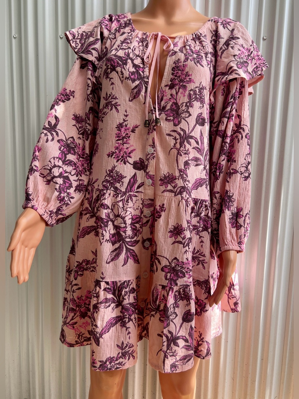Free People Pink Floral Deep-V Ruffle Mini Dress - Picture 2 of 8